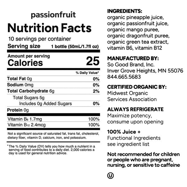 So Good So You Organic Energy Wellness Passionfruit Juice Shots, 1.7 fl oz, 10-count