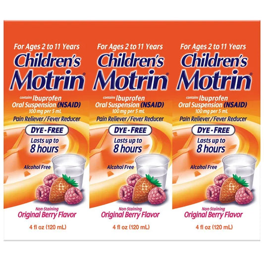 Children's Motrin Dye-Free Berry Flavor Suspension, Fever Reducer & Pain Relief, 3 Count