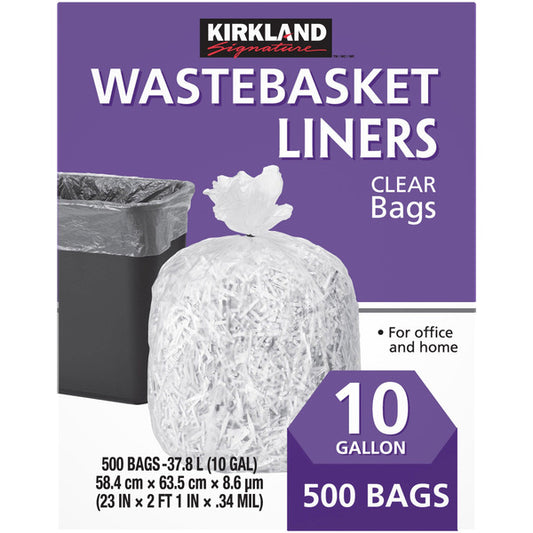 Kirkland Signature 10-Gallon Wastebasket Liner, Clear, 500-count