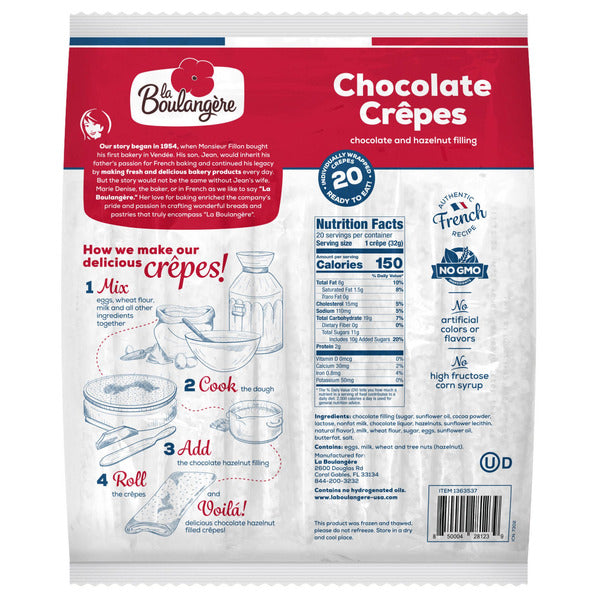 La Boulangere Chocolate Filled Crepes with Hazelnut, 1.13 oz, 20-count