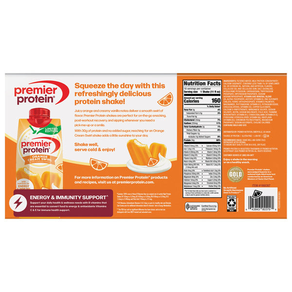 Premier Protein Shake, 30g Protein, Orange Cream Swirl, 11 fl oz, 18 ct