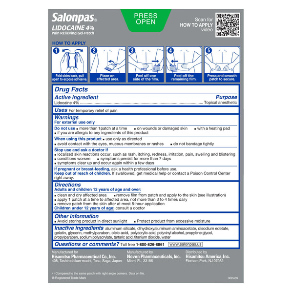 Salonpas LIDOCAINE 4% Pain Relieving Gel-Patch, 30 Patches