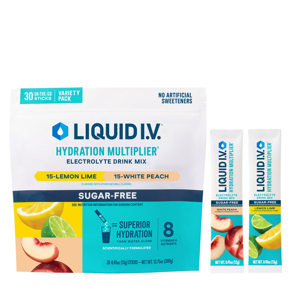 Liquid I.V. Hydration Multiplier Sugar Free Variety Pack, 30 Pack - Lemon Lime and White Peach