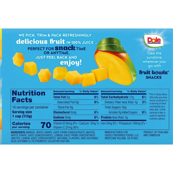 Dole Fruit Cup, Diced Mango, 4 oz, 16 ct