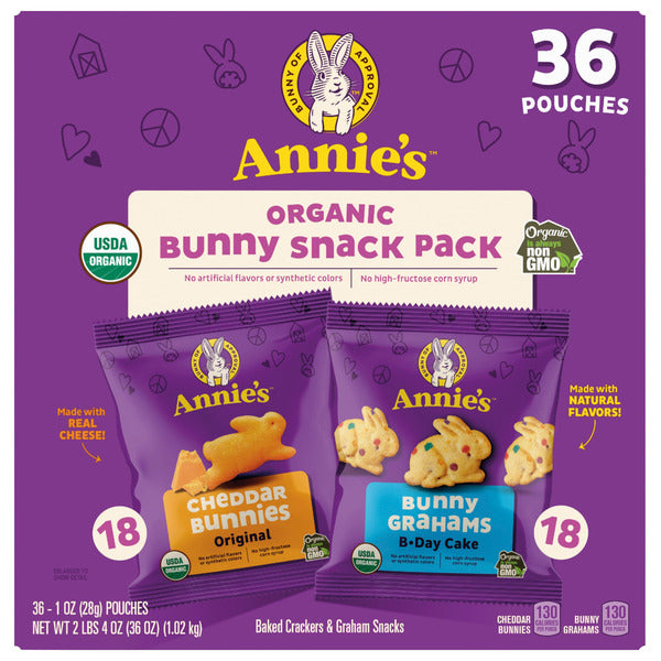 Annie's Organic Bunny Snack Pack Baked Crackers and Graham Snacks, Variety Pack, 1 oz, 36 ct