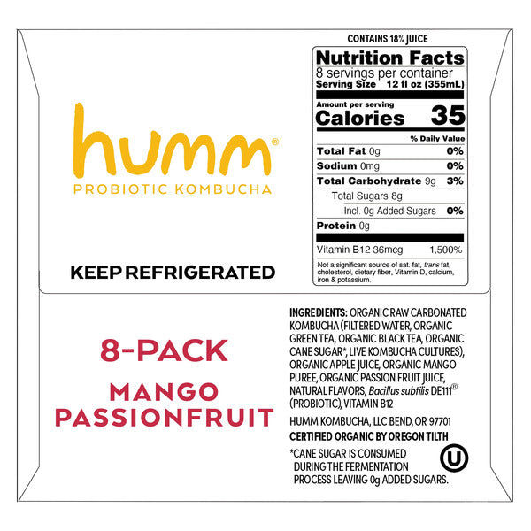 Humm Organic Mango Passion Kombucha, 12 fl oz, 8-count