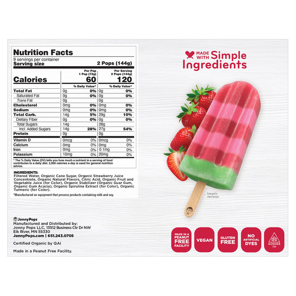 JonnyPops Organic Strawberry Frozen Pops, 2.45 fl oz, 18-count