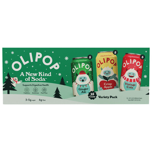 Olipop Prebiotic Soda, Holiday Variety Pack, 12 fl oz, 15 ct