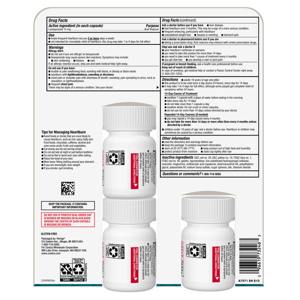Kirkland Signature Lansoprazole 15 mg. Acid Reducer, 42 Capsules
