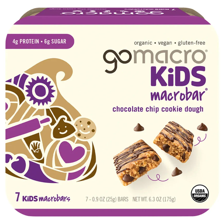 GoMacro Kids Chocolate Chip Cookie Dough Kids Bars, 7 Count