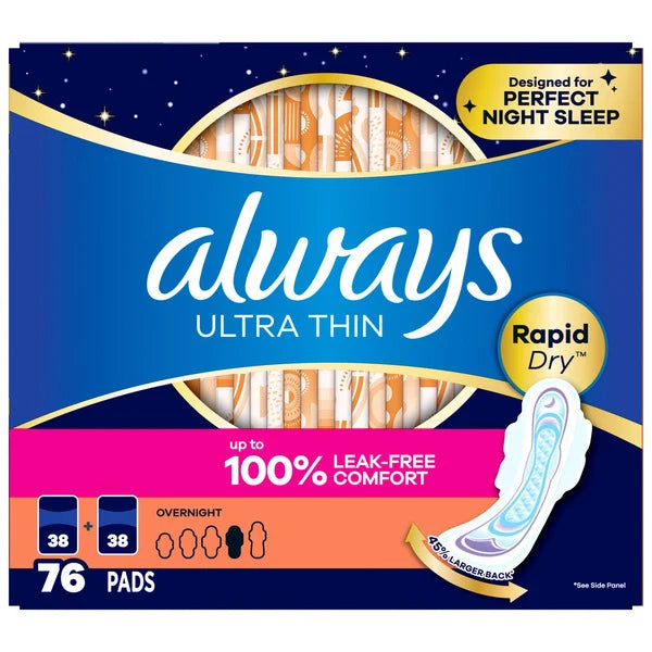 Always Ultra Thin Overnight Pads with Wings, Unscented, Size 4, 76 ct