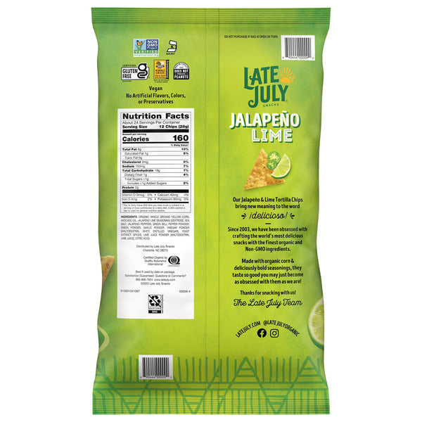 Late July Jalapeno Lime Tortilla Chips Made with Avocado Oil, 24 oz