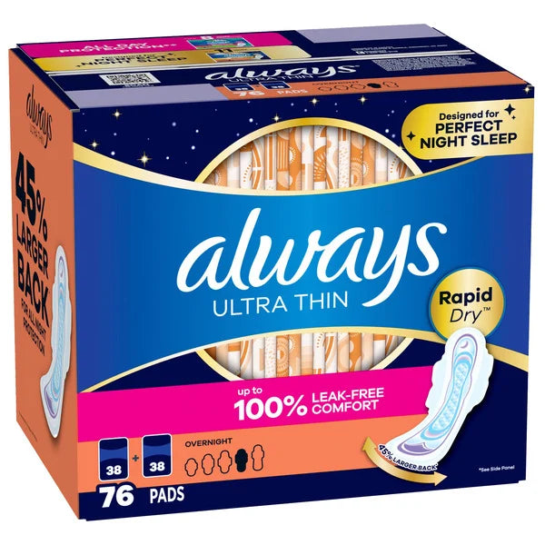 Always Ultra Thin Overnight Pads with Wings, Unscented, Size 4, 76 ct
