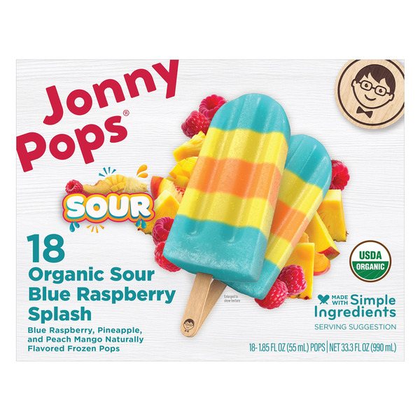 Jonny Pops Organic Sour Blue Raspberry Splash Pops, 1.85 fl oz, 18-count