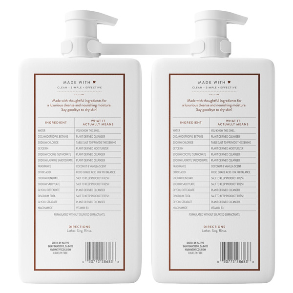 Native Body Wash Coconut & Vanilla, 34 fl oz, 2-pack