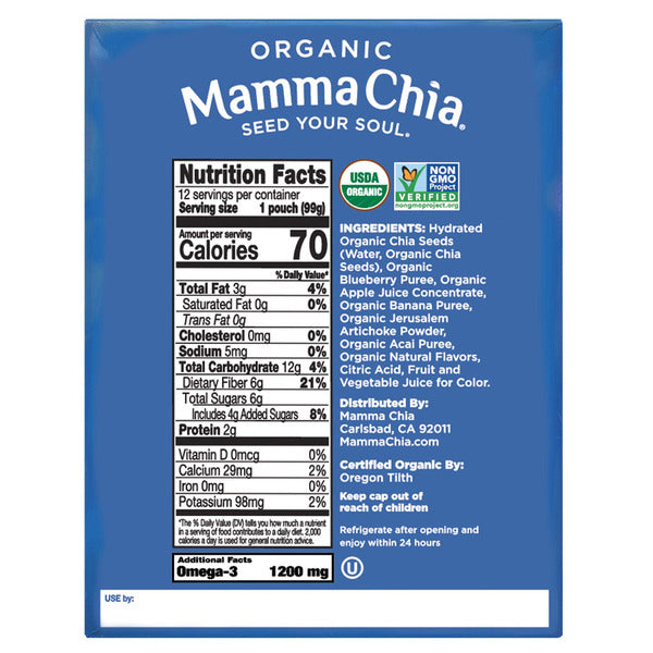Mamma Chia Organic Chia Prebiotic Squeeze Snack, Blueberry Acai, 3.5 oz, 12-count