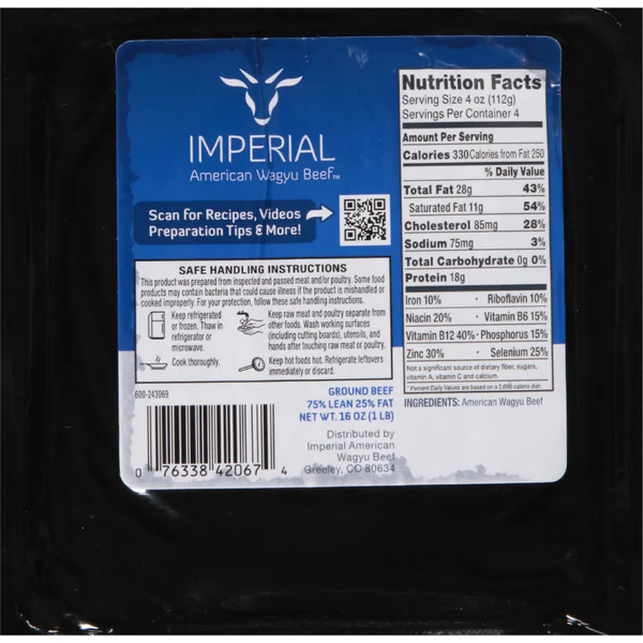 Imperial American Wagyu Ground Beef, 75% / Lean 25% Fat