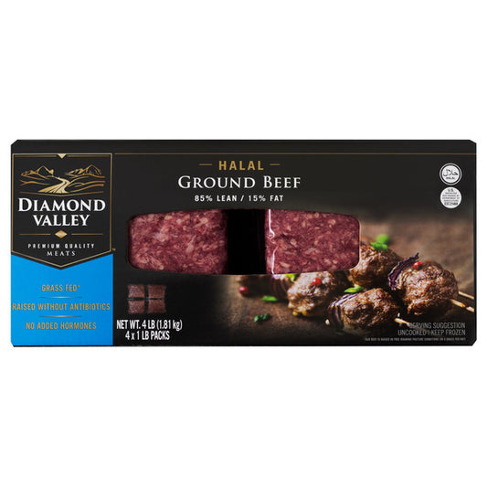 Diamond Valley Halal Ground Beef, 85% Lean 15% Fat, 1 lb Chub, 4 ct