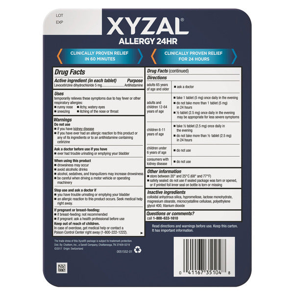 Xyzal Allergy 24 Hour Antihistamine 5 mg, 110 Tablets