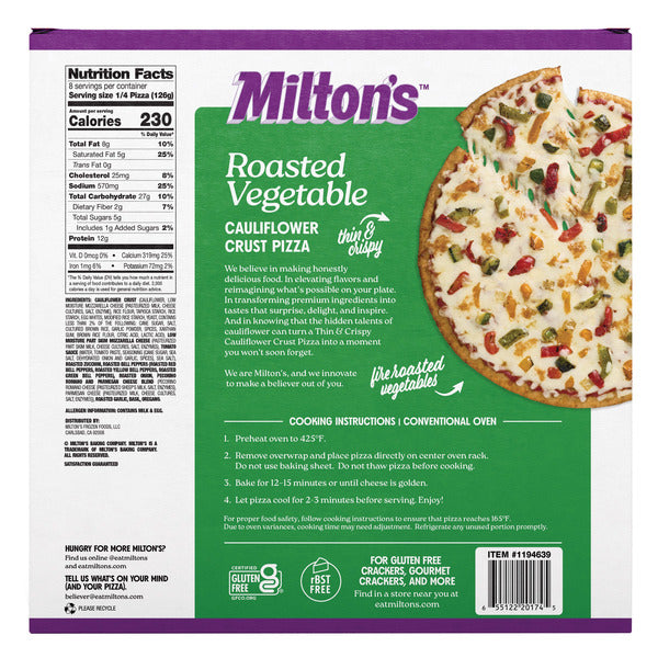 Milton's Cauliflower Crust Pizza, Roasted Vegetable, 17.8 oz, 2-count