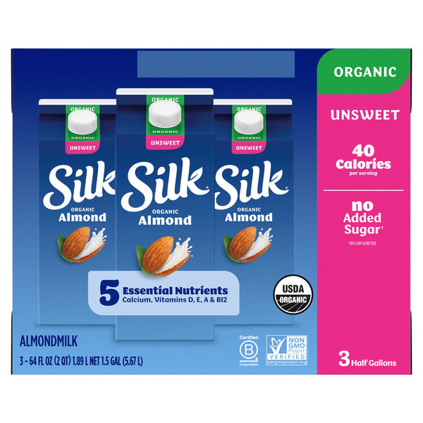 Silk Organic Almond Milk Unsweet, Half Gallon, 3-count