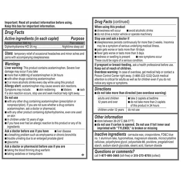 Tylenol PM Extra Strength Acetaminophen 500 mg Pain Reliever & Sleep Aid, 225 Caplets