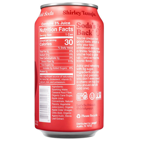 Poppi Prebiotic Soda, Shirley Temple, 12 fl oz, 18 ct