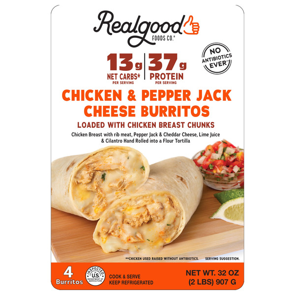 Real Good Food Chicken & Pepper Jack Burritos, 32 oz, 4-count