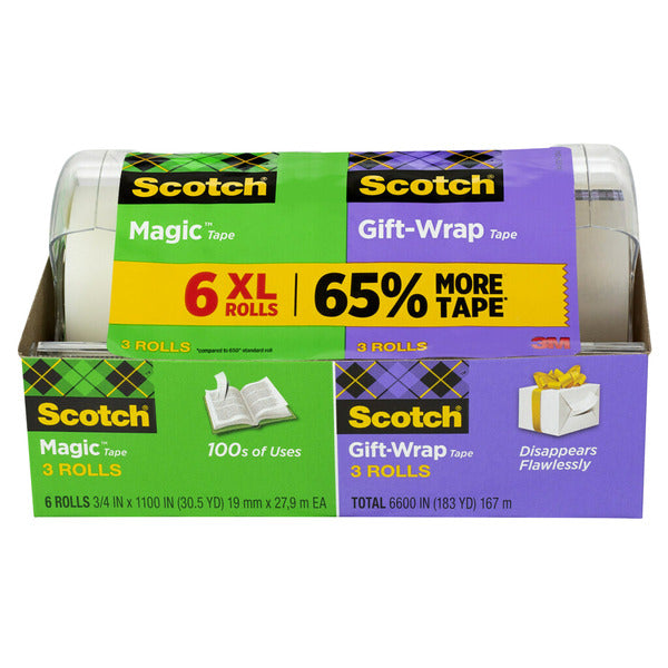 Scotch Magic Tape and Gift-Wrap Tape with Dispenser, 3/4" x 1100", Clear, 6 ct