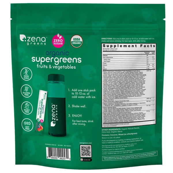 Zena Greens Organic Supergreens Fruits & Vegetables, Mixed Berry, 45 ct