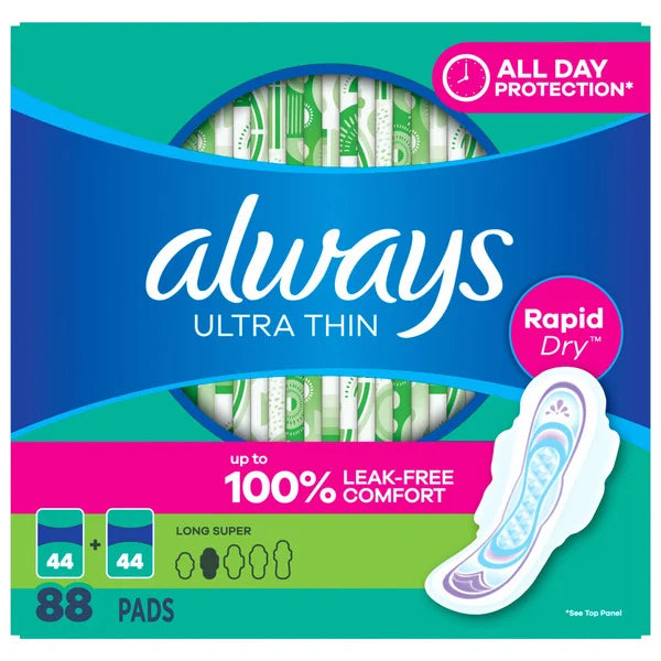 Always Ultra Thin Long Super Pads with Flexi-Wings, Unscented, Size 2, 88 ct