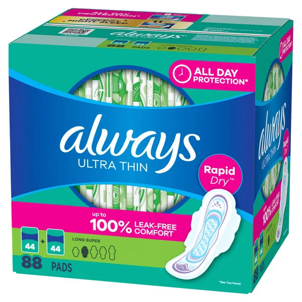 Always Ultra Thin Long Super Pads with Flexi-Wings, Unscented, Size 2, 88 ct