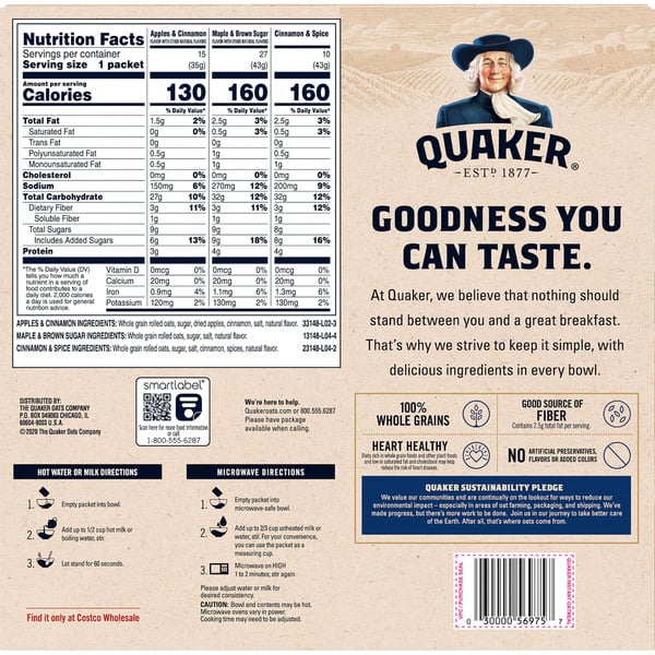 Quaker Instant Oatmeal, Variety Pack, 1.51 oz, 52 ct