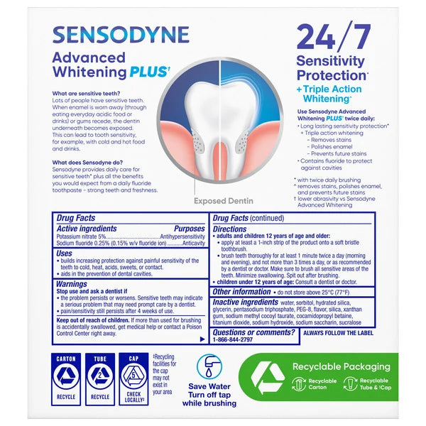 SENSODYNE Advanced Whitening Toothpaste, 6.5 oz, 4 pack