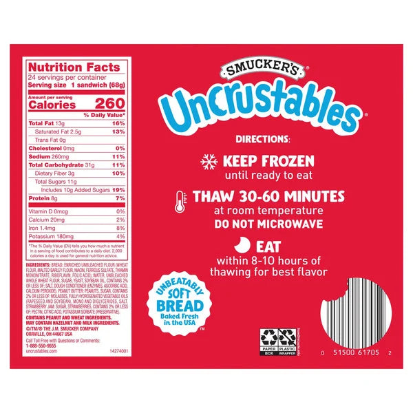 Smucker's Uncrustables, Peanut Butter & Strawberry Jam Sandwich, 2.4 oz, 24 ct