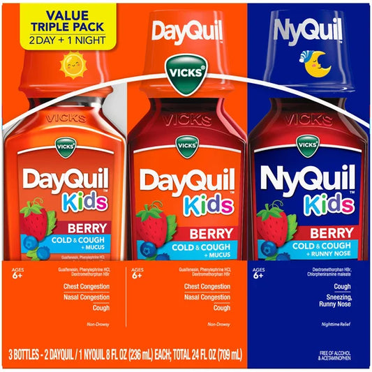 Vicks DayQuil and NyQuil Kids Cold & Cough Liquid, Berry, 8 fl oz, 3 ct