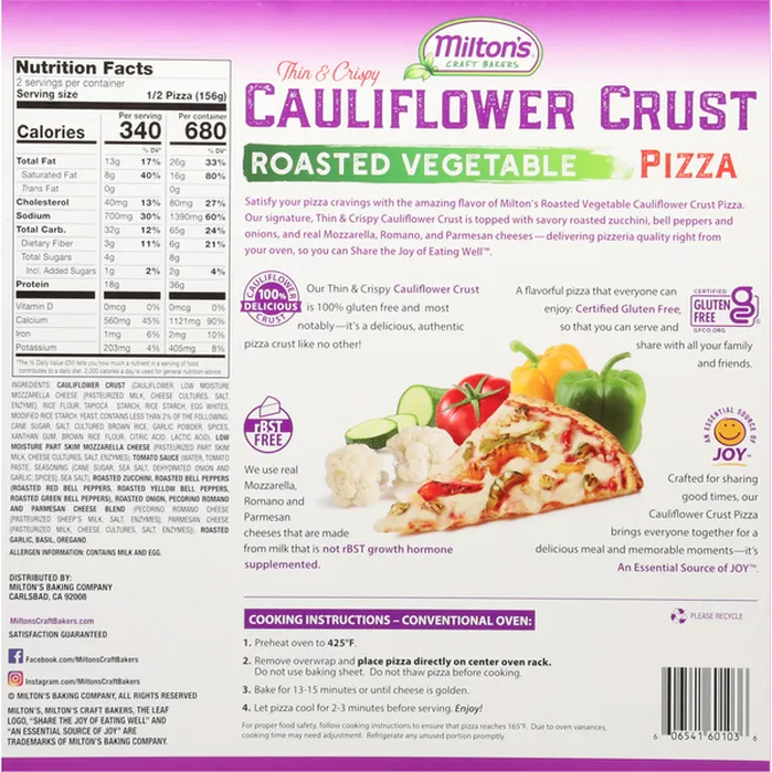 Milton's Frozen Roasted Vegetable Cauliflower Crust Pizza, 11 oz